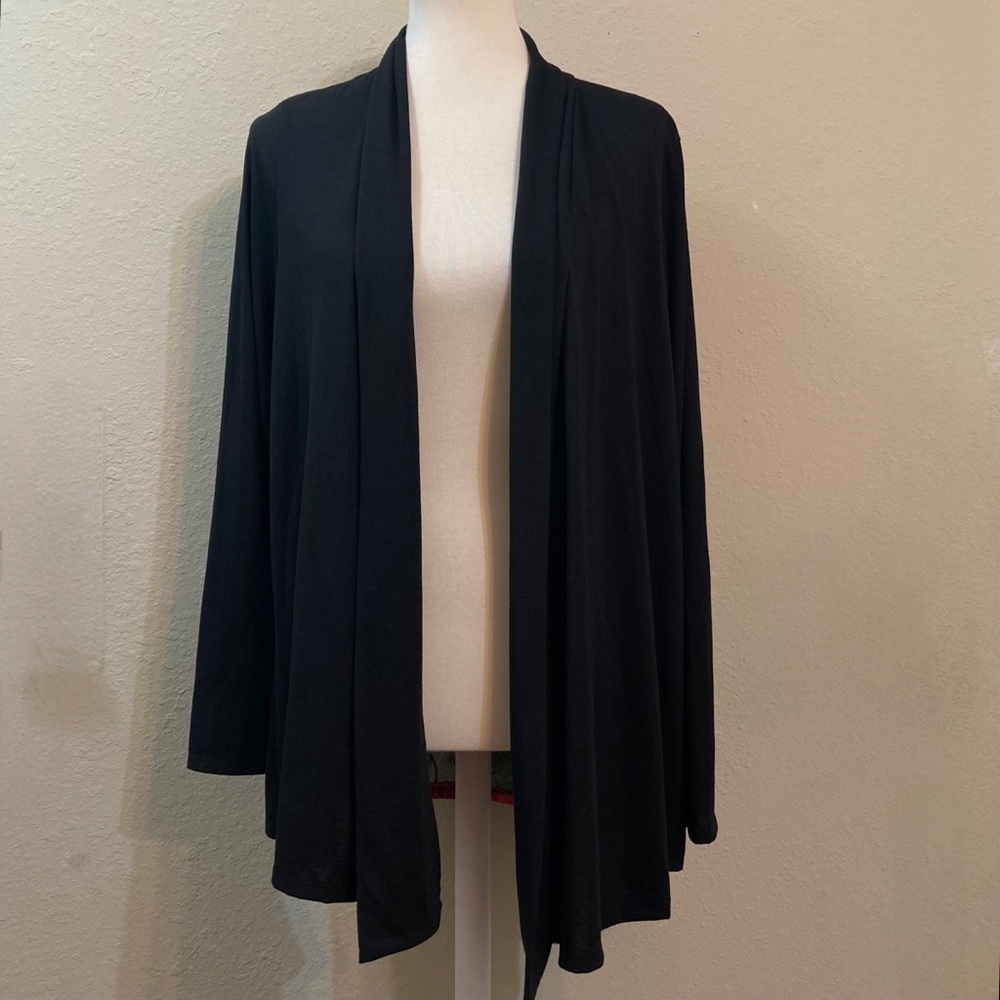 Soleillee Black Draped Open Cardigan Embroidered Rose Size 1X